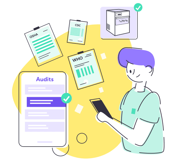 Illustration of a store manager reviewing an audit checklist on a phone, surrounded by OSHA, CDC, and WHO compliance documents and a freezer temperature check.