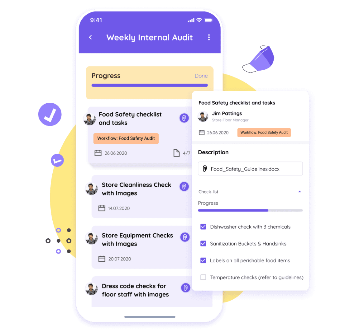 Delightree mobile app showing a Weekly Internal Audit with a food safety checklist, store cleanliness checks, and a task detail panel listing dishwasher, sanitization, and temperature checks.