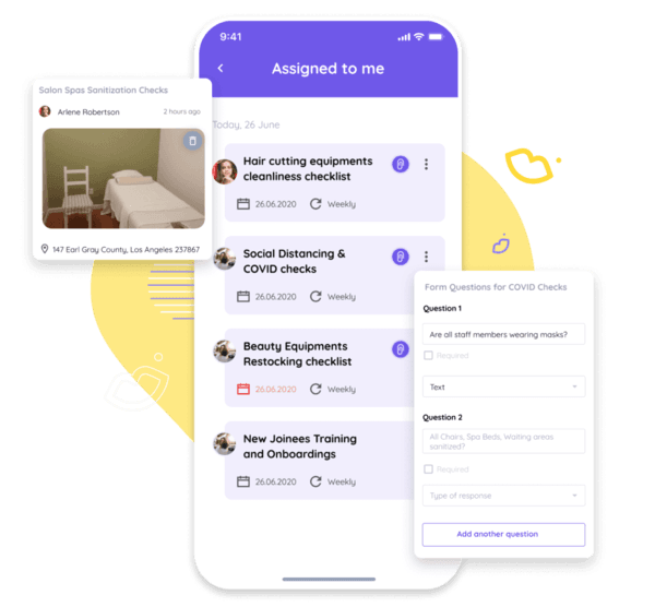 Delightree mobile screens showing a sanitization checklist assigned to a store manager, a salon cleanliness check with a live photo, and a COVID checks form with questions about masks and sanitized areas.