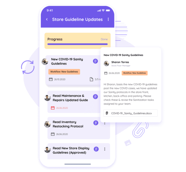 Delightree mobile screens showing Store Guideline Updates, including a New COVID-19 Sanity Guidelines task with an attached guidelines document and a message to a store floor manager.